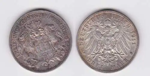 3 Mark Silbermünze Freie und Hansestadt Hamburg 1911 Jäger 64 (117408)