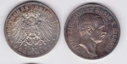 5 Mark Silbermünze Sachsen König Friedrich August 1908 Jäger 136 f.vz (111150)