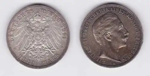 3 Mark Silbermünze Preussen Kaiser Wilhelm II 1911 A Jäger 103 ss+ (148132)