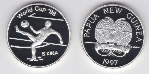 5 Kina Silber Münze Papua Neuguinea 1997 Fussball WM 98 Frankreich (155432)