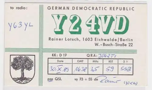 41529 QSL Karte Amateur Funker DDR Eichwalde bei Berlin 1989