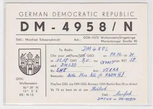 42285 QSL Karte Funker DDR Wolkenstein Erzgebirge 1971