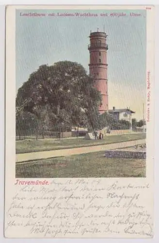 88600 Ak Travemünde Leuchtturm mit Lootsen Wachthaus und 800jähr. Ulme 1901