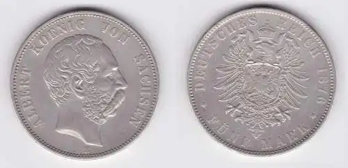 5 Mark Silbermünze Sachsen König Albert 1876 Jäger 125 ss+ (162570)