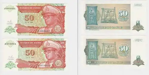 2x 50 Nouveaux Makuta Banknote Zaire Zaïre 24.6.1993 bankfrisch UNC (153211)