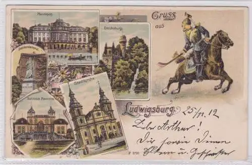 900496 AK Gruss aus Ludwigsburg, Monrepos, Emichsburg, Schloss, Stadtkirche 1912