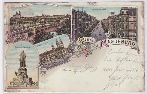 900493 AK Gruss aus Magdeburg - Kaiserstrasse, Bismarck-Denkmal, Markt 1900