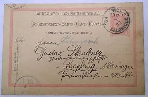 33065 alte Ganzsachen Postkarte K.u.K. 20 Para Thessaloniki nach Leipzig 1895