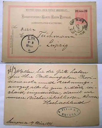 58542 alte Ganzsachen Postkarte K.u.K. 20 Para Smyrna nach Leipzig 1896