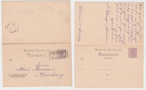 96190 DR Ganzsachen Postkarte P7I/01 Carlsruhe nach Würzburg 1877