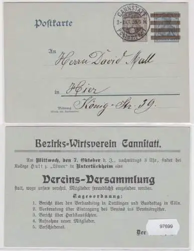 97699 DR Ganzsache Postkarte P84 Zudruck Bezirks-Wirtsverein Cannstatt 1908