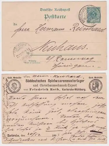 97824 DR Ganzsache Postkarte P30 Zudruck Spielwaarenmusterlager Karlsruhe 1893