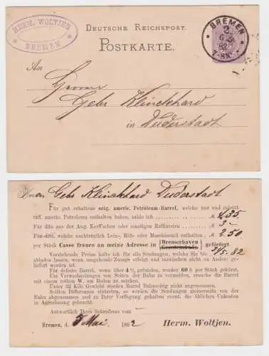 98506 Ganzsachen Postkarte P10 Zudruck Herm. Woltjen Bremen 1882