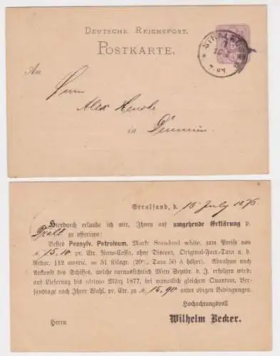 92962 DR Ganzsachen Postkarte P10 Zudruck Wilhelm Becker Stralsund 1876