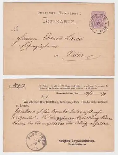 79530 Ganzsachen Postkarte P10 Zudruck Kgl. Bergwerksdirection Saarbrücken 1879