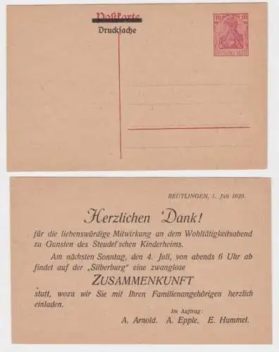 72750 DR Ganzsachen Postkarte P108 Zudruck Steudel'schen Kinderheim Reutlingen