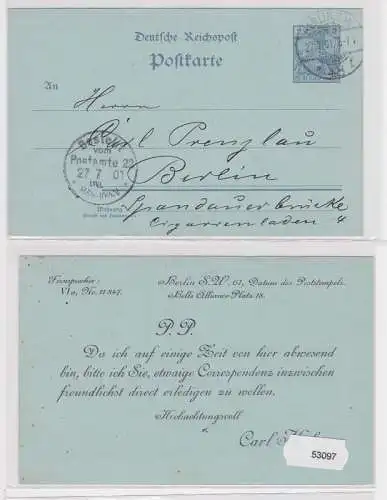 53097 DR Ganzsachen Postkarte P44 Zudruck Carl Kähne Berlin SW 1901