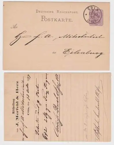 33002 DR Ganzsachen Postkarte P10 Zudruck J. Merfeld & Herz Cöln 1877