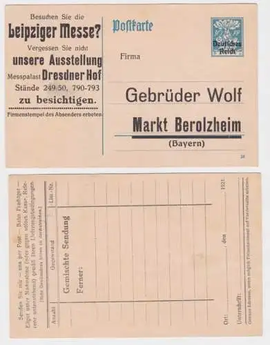 97844 DR Ganzsachen Postkarte P128 Zudruck Gebrüder Wolf Markt Berolzheim