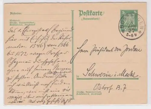 97560 DR Ganzsachen Postkarte P167A Bopfingen nach Schwerin 1927