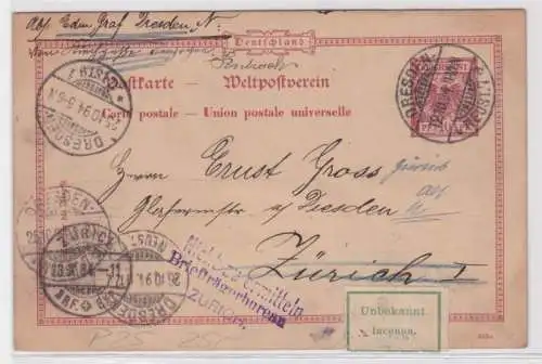 96087 DR Ganzsachen Postkarte P25 Dresden nach Zürich Unzustellbar zurück 1894