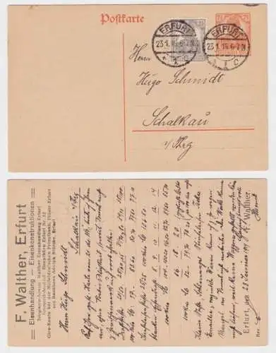 56066 DR Ganzsachen Postkarte P110 Zudruck F. Walther Eisenhandlung Erfurt 1919