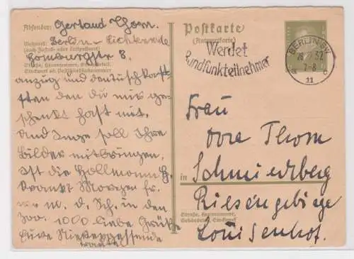 97690 DR Ganzsachen Postkarte P200A Berlin nach Schmiedeberg 1932