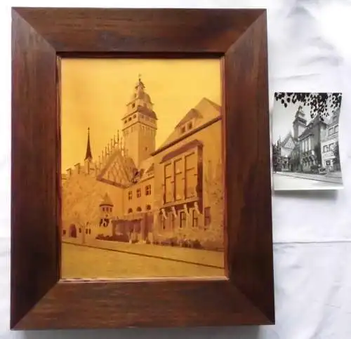 seltenes großes Holz Intarsien Bild Zeitz Rathaus um 1930 (101689)