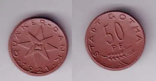 Porzellan Münze 50 Pfennig Stadt Gotha 1921 "Quäkerdank"