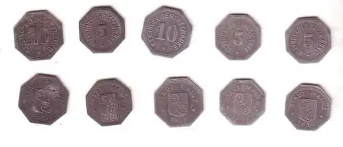 5 x 5 und 10 Pfennig Zink Not Münzen Stadt Mainz 1917