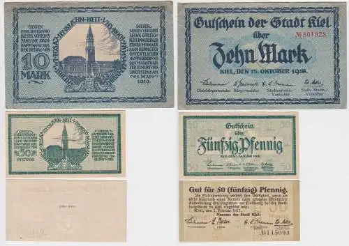 2 x 50 Pfennig und 10 Mark Banknoten Notgeld Stadt Kiel 1917/1918 (114689)