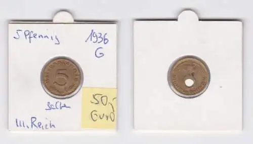 5 Pfennig Messing Münze 3. Reich 1936 G Jäger 363 (103543)