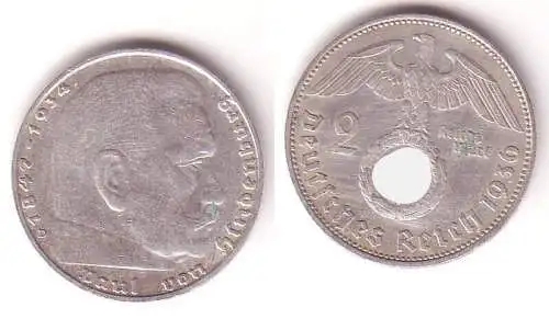 2 Mark Silber Münze 3. Reich Hindenburg 1936 D Jäger 366 (112260)