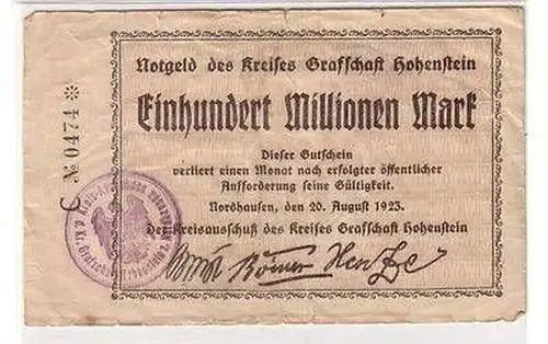 Banknote 100 Millionen Mark Kreis Grafschaft Hohenstein Nordhausen 20.08.1923