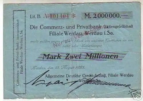 seltene Banknote Inflation 2 Millionen Mark 1923 Werdau