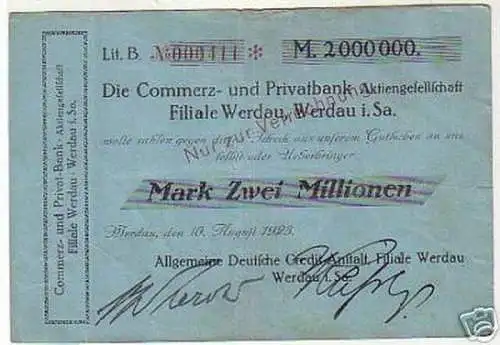 seltene Banknote Inflation 2 Millionen Mark 1923 Werdau