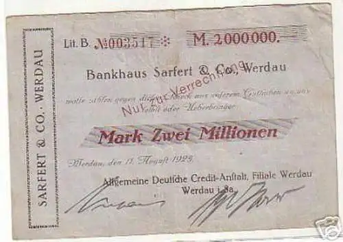 seltene Banknote Inflation Sarfert & Co. Werdau 1923