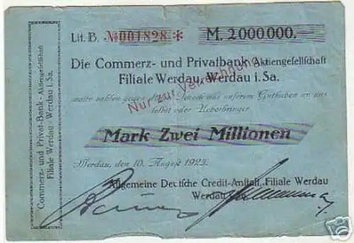 seltene Banknote Inflation 2 Millionen Mark 1923 Werdau