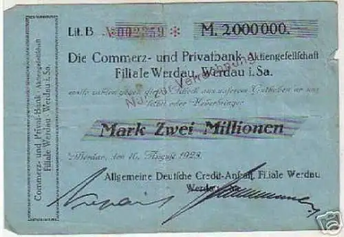 seltene Banknote Inflation 2 Millionen Mark 1923 Werdau