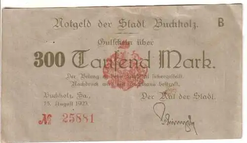 Banknote Inflation 300 Tausend Mark Stadt Buchholz 15.08.1923