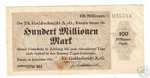 Banknote Inflation 100 Millionen Mark Essen 1923