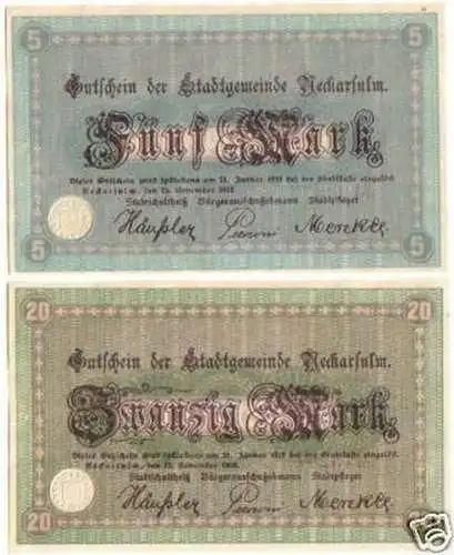 2 Banknoten Großnotgeld Stadtgemeinde Neckarsulm 1918