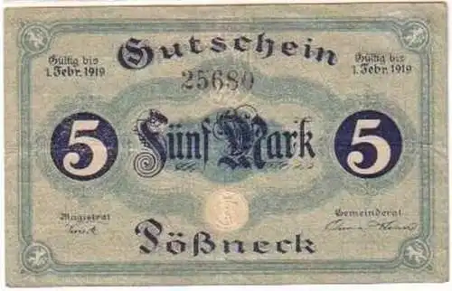 Banknote 5 Mark Großnotgeld Stadt Pößneck 1919