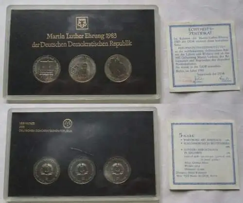 DDR KMS Set aus 3 x 5 Mark 1983 A, Luther Ehrung mit Wartburg 1983 (128240)