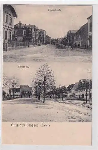 904878 Mehrbild Ak Gruß aus Crossen (Elster) Bahnhofstraße, Marktplatz 1912