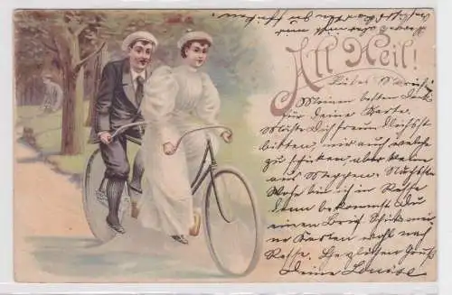 92000 Ak Lithographie mit Radfahrern Tandem "All Heil!" 1898