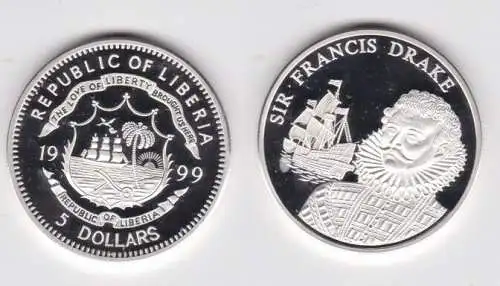 5 Dollar Silbermünze Liberia 1999 Sir Francis Drake PP (151940)