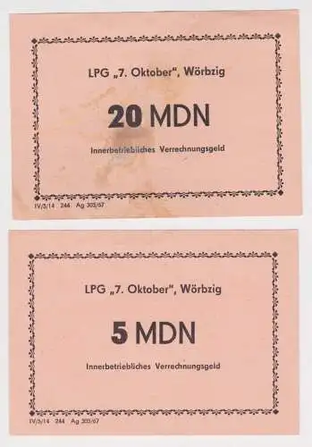 2 Banknoten 5 und 20 Mark DDR LPG Geld "7.Oktober" Wörbzig (165282)