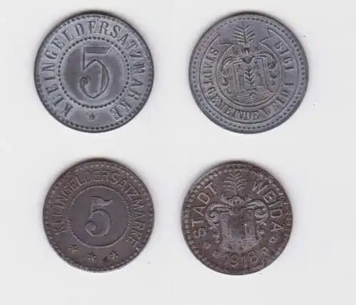 2 x 5 Pfennig Zink und Eisen Münzen Notgeld Stadt Weida 1918 (165002)