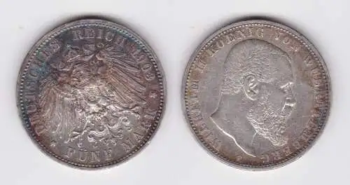 5 Mark Silbermünze Württemberg König Wilhelm II 1903 Jäger 176 ss+ (116312)